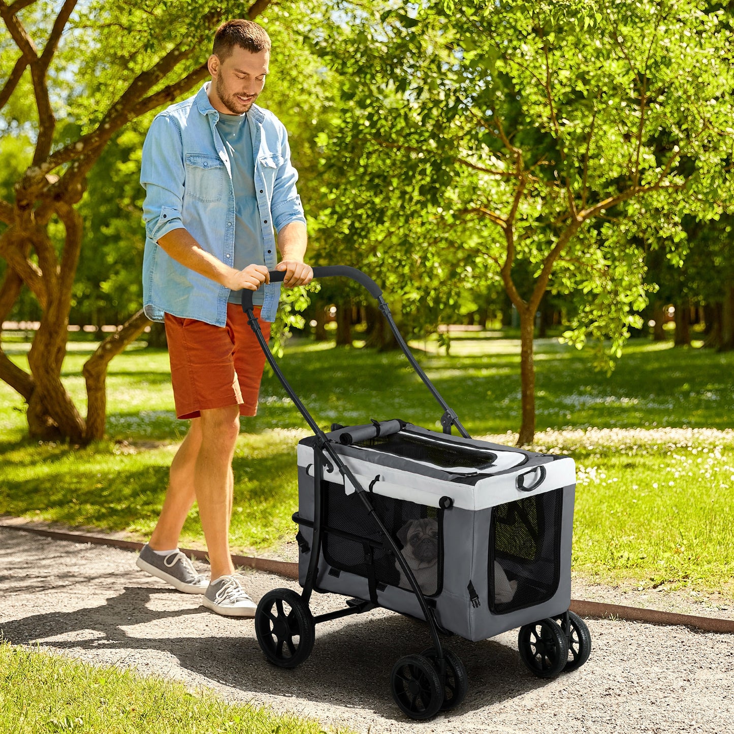 PawHut Hundbuggy Haustierbuggy bis 10kg klappbar abnehmbarer Korb 81 x 58 x 97,5 cm Schwarz + Grau + Weiß