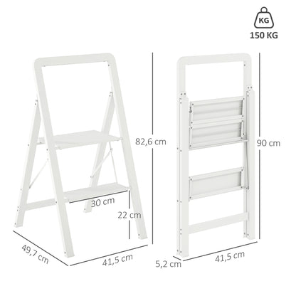 HOMCOM 2-stufige Trittleiter, Aluminum faltbar, rutschfeste Plattform, Weiß