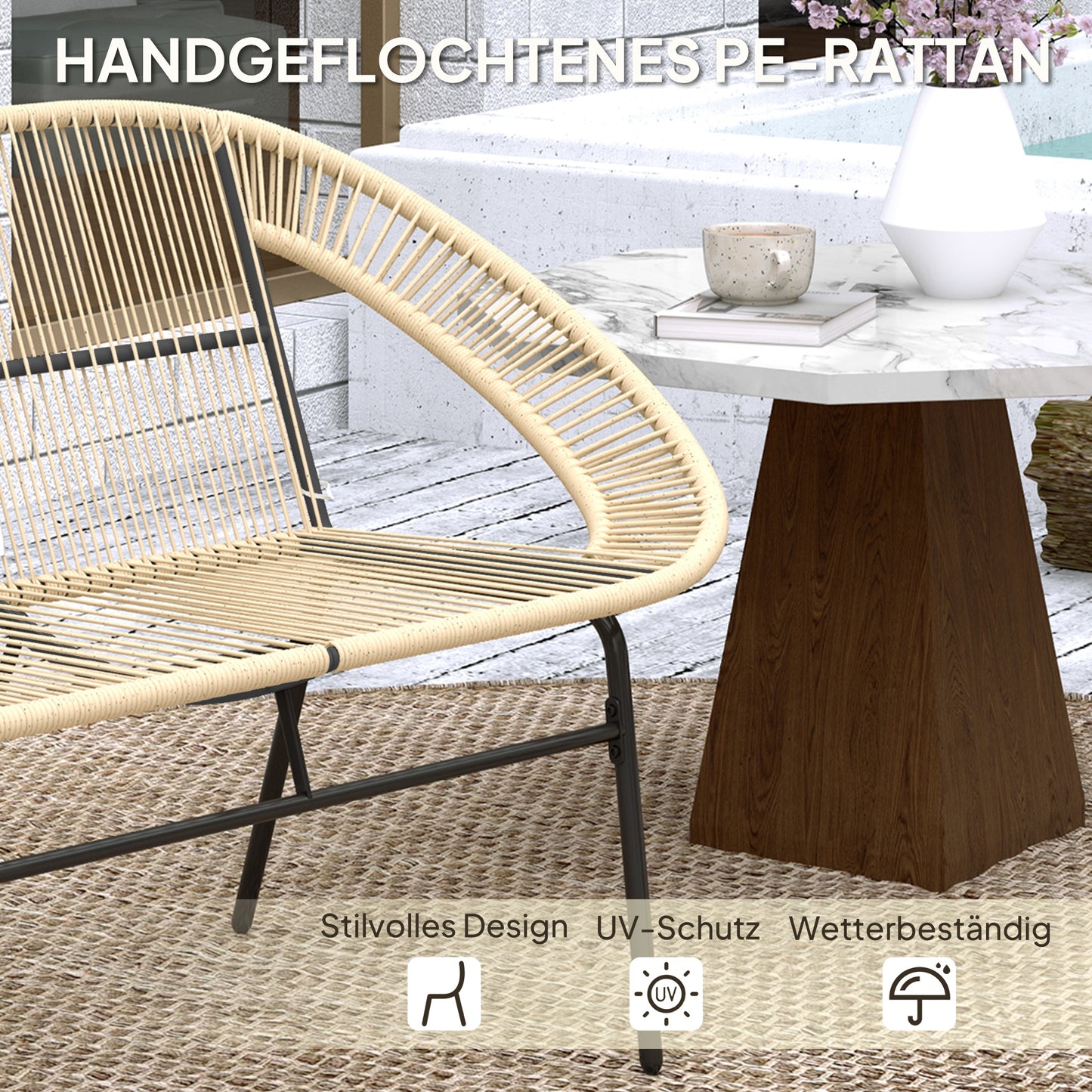 Outsunny 2-Sitzer Gartenbank Polyrattan، Wetterfest Sitzbank im Rattanflecht-Design، UV-Beständig 260kg belast Khaki