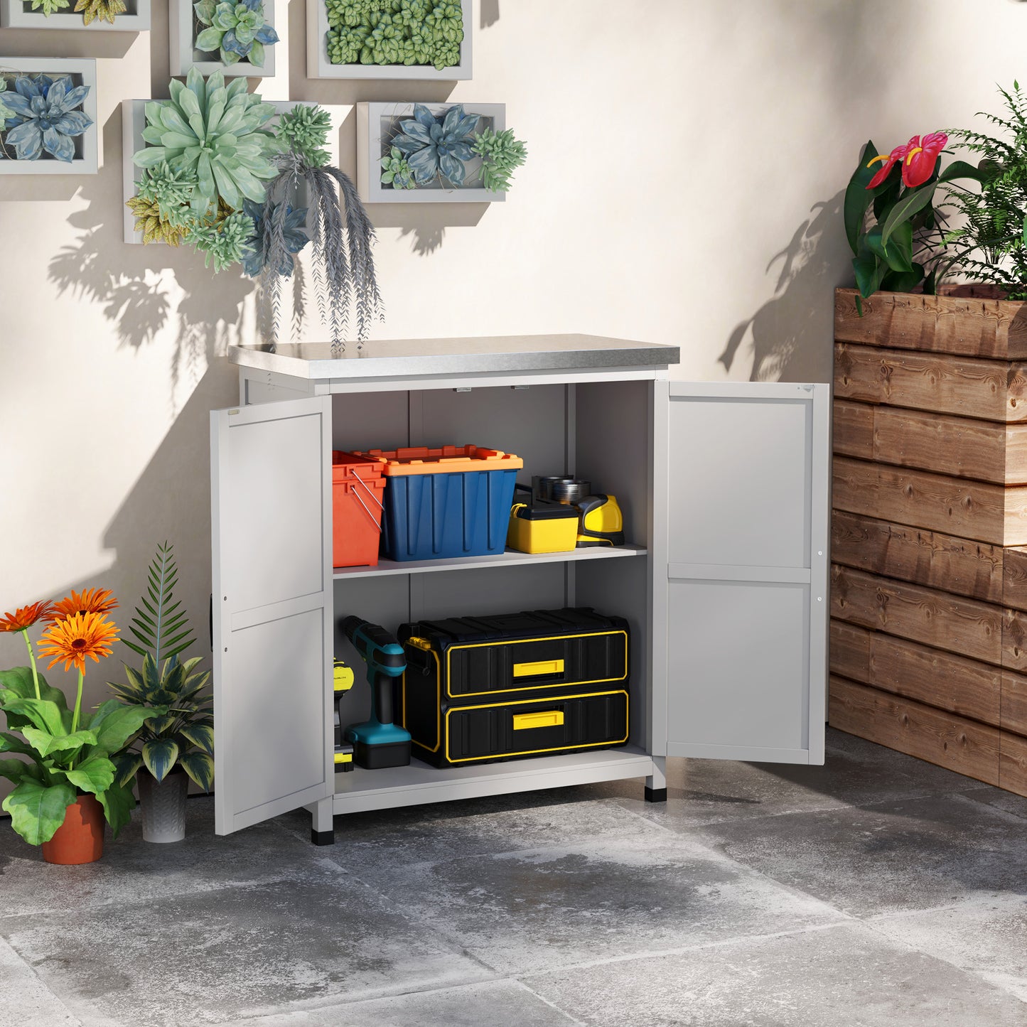 Outsunny Gartenschrank, Außenschrank mit Arbeitsfläche, Werkzeugschrank, Massivholz, Stahl, 79B x 43T x 92H cm, Grau