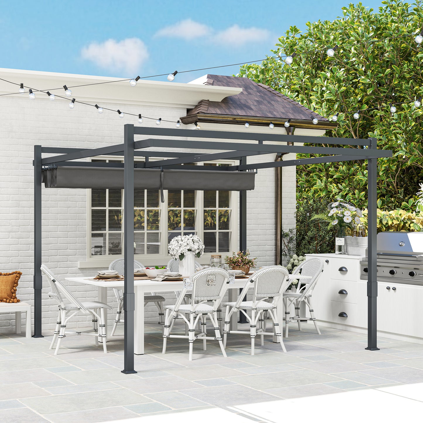 Outsunny Pergola Pavillon ca. 3,5x3m Aluminium Stabil winterfest Sonnenschutz mit verstellbares Schiebedach Grau