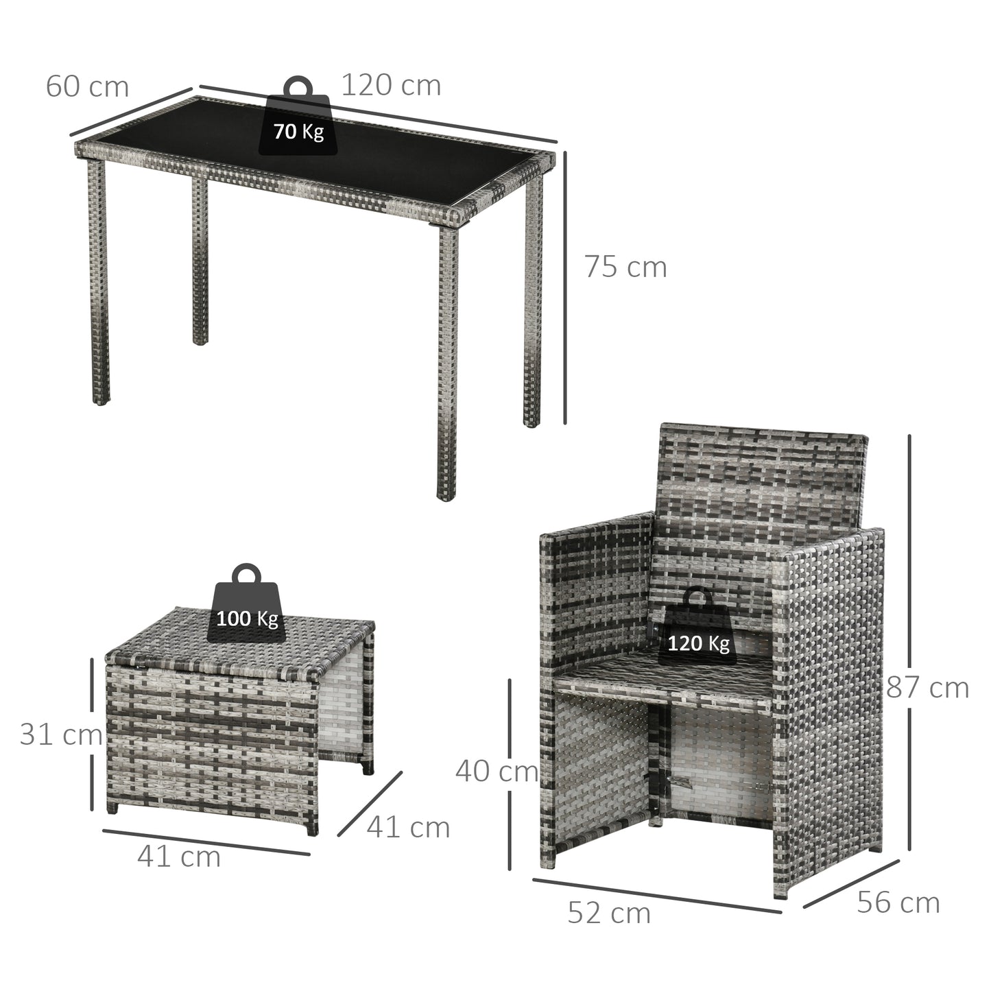 Outsunny Polyrattan Sitzgruppe für 4 Personen Essgruppe Gartenset Garnitur mit Kissen, Grau