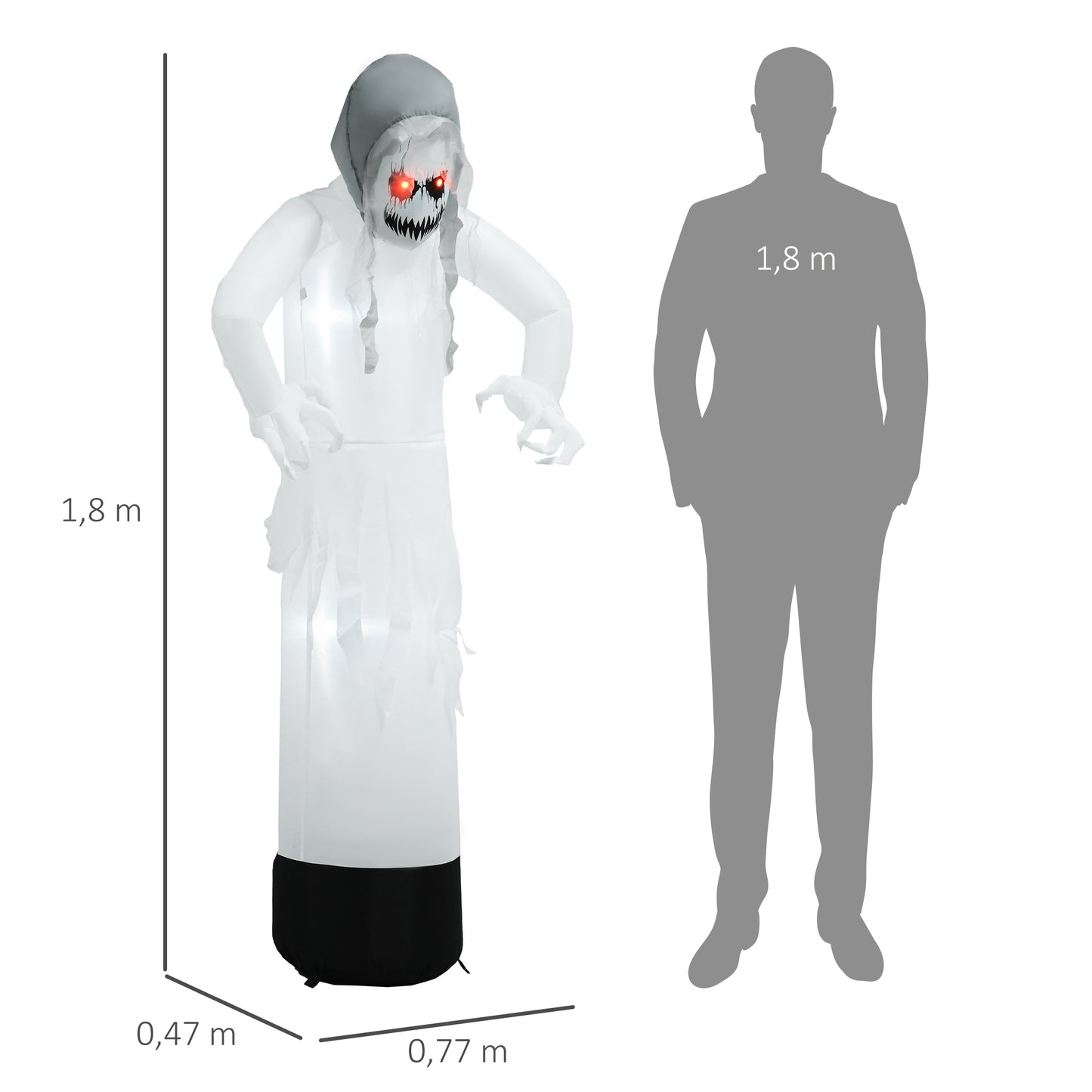 Outsunny Halloweendeko, Geisterhexe mit roten Augen, aufblasbar, LEDs, Outdoor-tauglich, 180 cm, Weiß