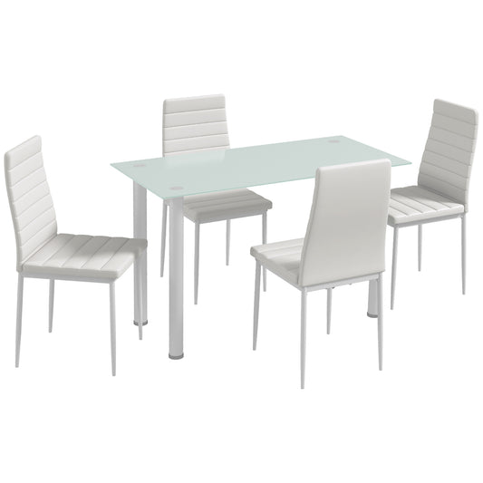 HOMCOM 5-tlg. Essgruppe Sitzgruppe Esstisch mit 4 Stühlen, modernes Design, Glastisch, Weiß
