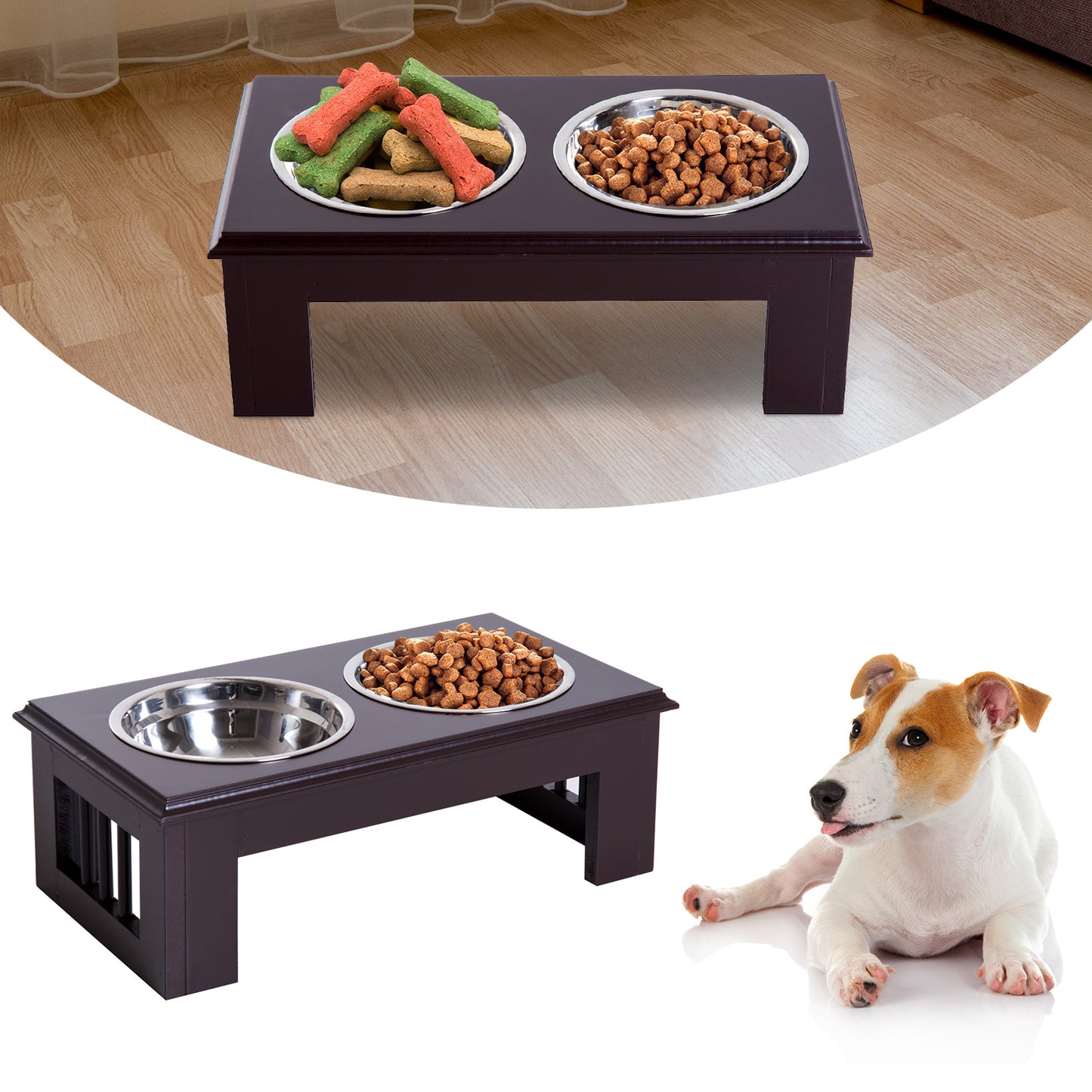 PawHut Erhöhter Hundenapf Futternapf mit 2 Näpfe Wassernapf 2 x 900ml Edelstahlnäpfen Fressnapf Futterstation Hundenäpfe für kleine Hunde Katzen Espresso