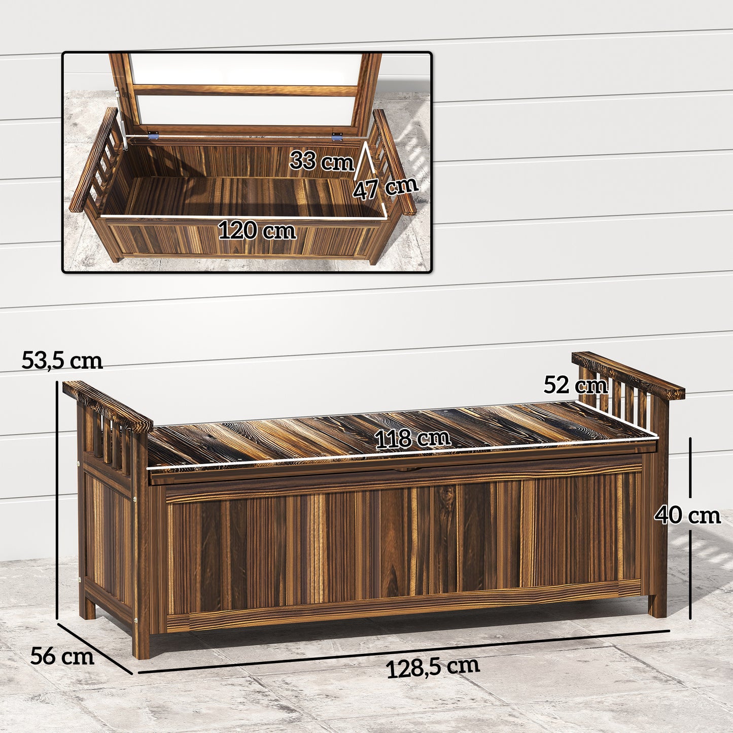 Outsunny 2-Sitzer Gartenbank Holz, wetterfest Sitzbank, Gartenmöbel mit Stauraum Armlehnen 128,5 x 56 x 53,5cm, Verkohlt