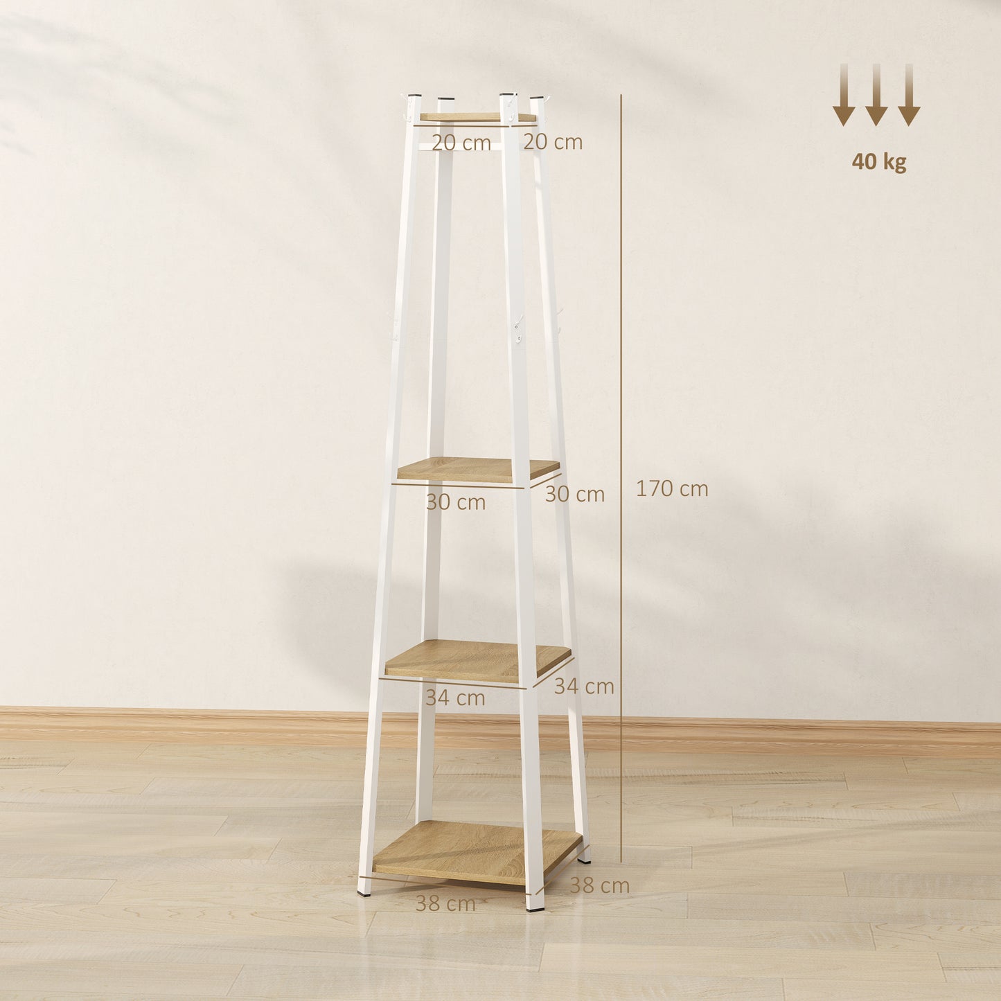 HOMCOM Kleiderständer, Trapez-Design, dreistufig, 8 Doppelhaken, Stahll, Weiß+Eiche