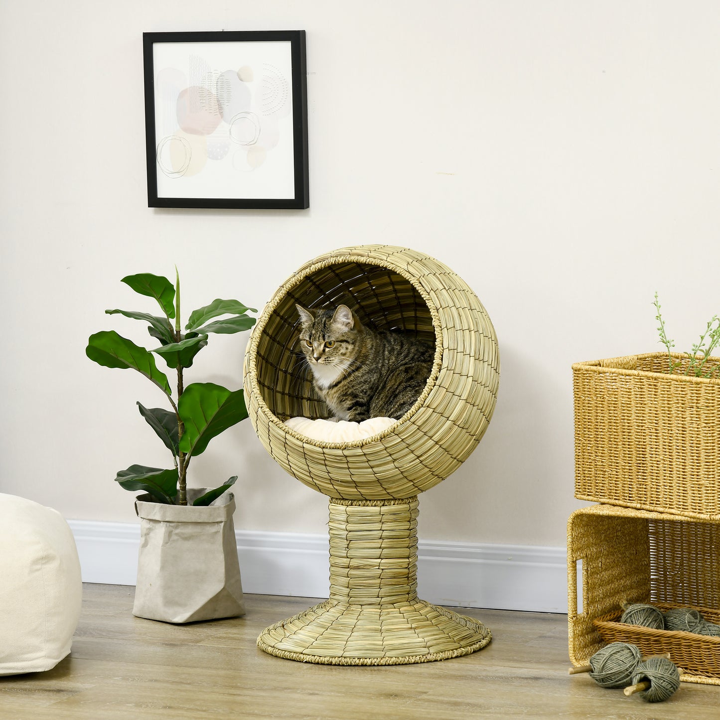 PawHut Katzenhöhle aus Seegras, 2-teilig, flexibel positionierbar, 41 cm x 41 cm x 71,5 cm, Natur