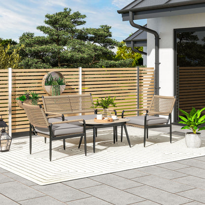 Outsunny Gartenmöbel Set aus Polyrattan Lounge-Set mit 2er Sofa Sessel Glastisch Kissen für 4 Personen Dunkelgrau+Gelb