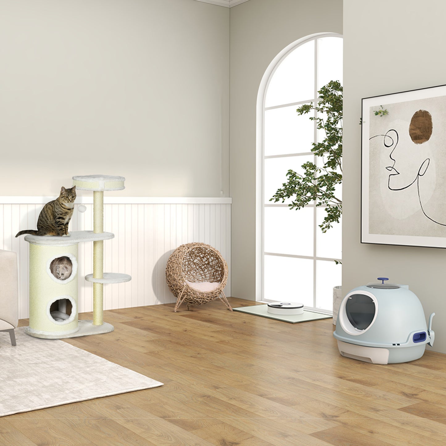 PawHut Katzentoilette mit Dachfenster, Katzenklo mit Bodenschale, mit Schaufel, Tragbar, PP ABS, See-Blau, 47 x 55 x 44 cm