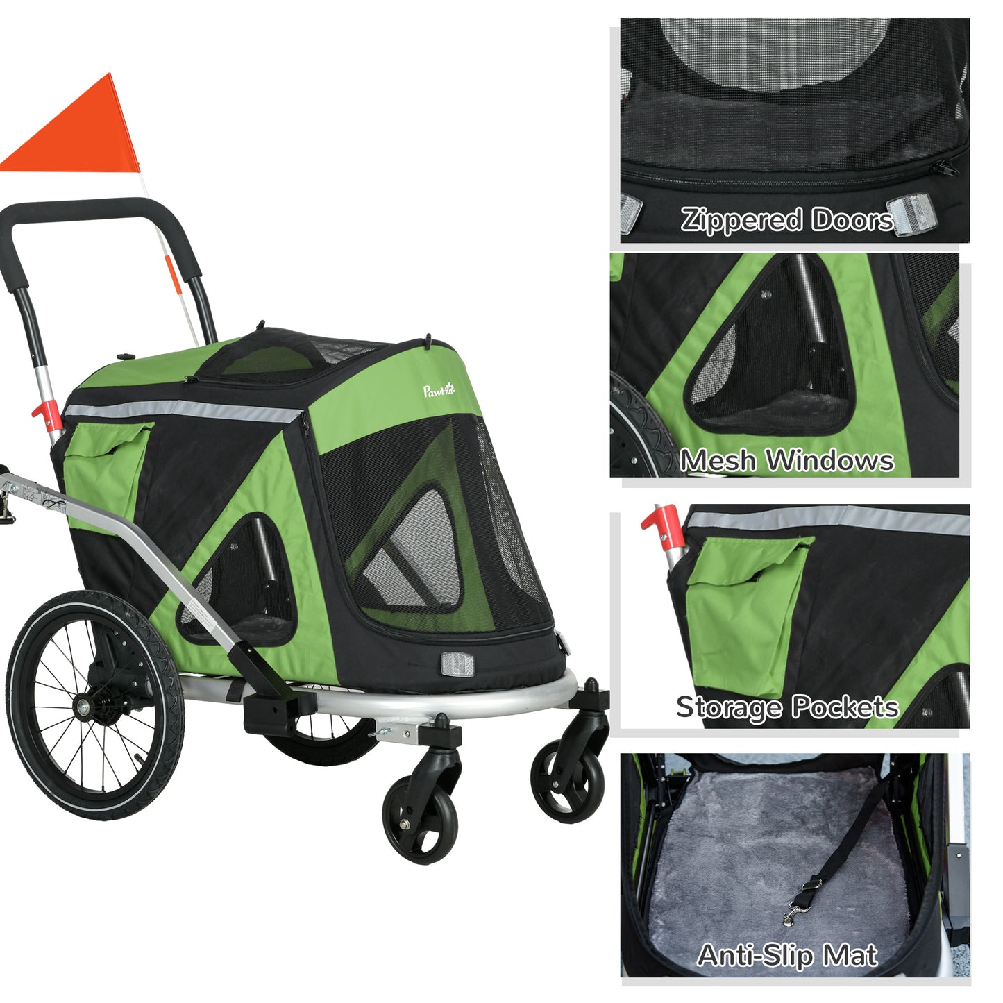 PawHut 2-in-1 Hundebuggy Hundejogger Fahrradanhänger bis 20kg 2 Reflektoren 1 Sicherheitsleine 150 x 68 x 95 cm Grün