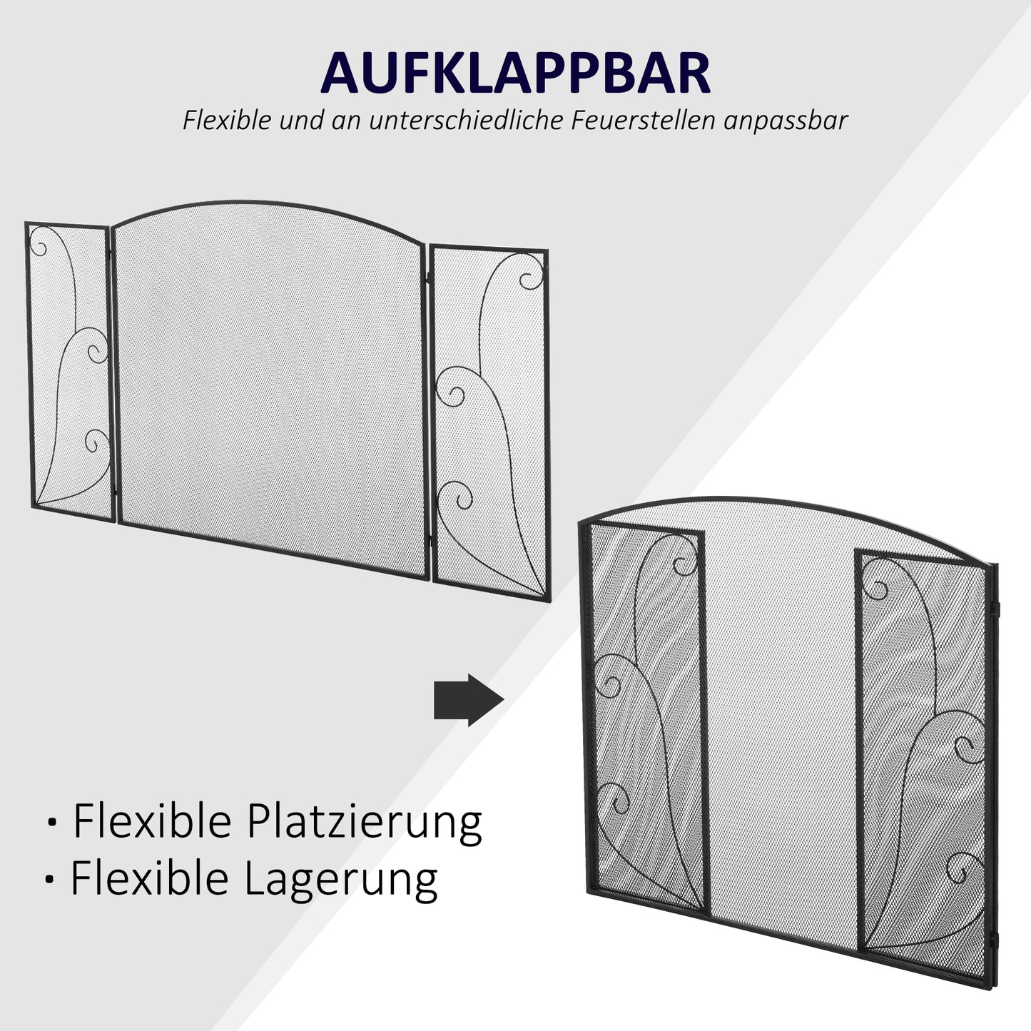 HOMCOM Funkenschutz für Kamine, 3 Paneele, klappbar, flexibel, Metall, schwarz, 132,5 x 76,5cm