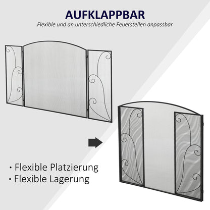 HOMCOM Funkenschutz für Kamine, 3 Paneele, klappbar, flexibel, Metall, schwarz, 132,5 x 76,5cm