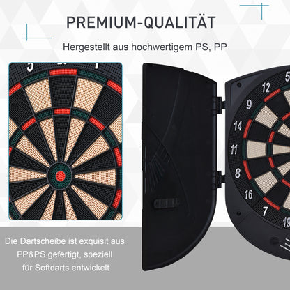 HOMCOM Elektronische Dartscheibe Dartboard mit Sprachansagen Englische Stimme LED-Anzeigen 6 Darts 26 Spiele 185 Varianten Dartautomat mit Tür Dartscheibe Set für bis zu 8 Spieler