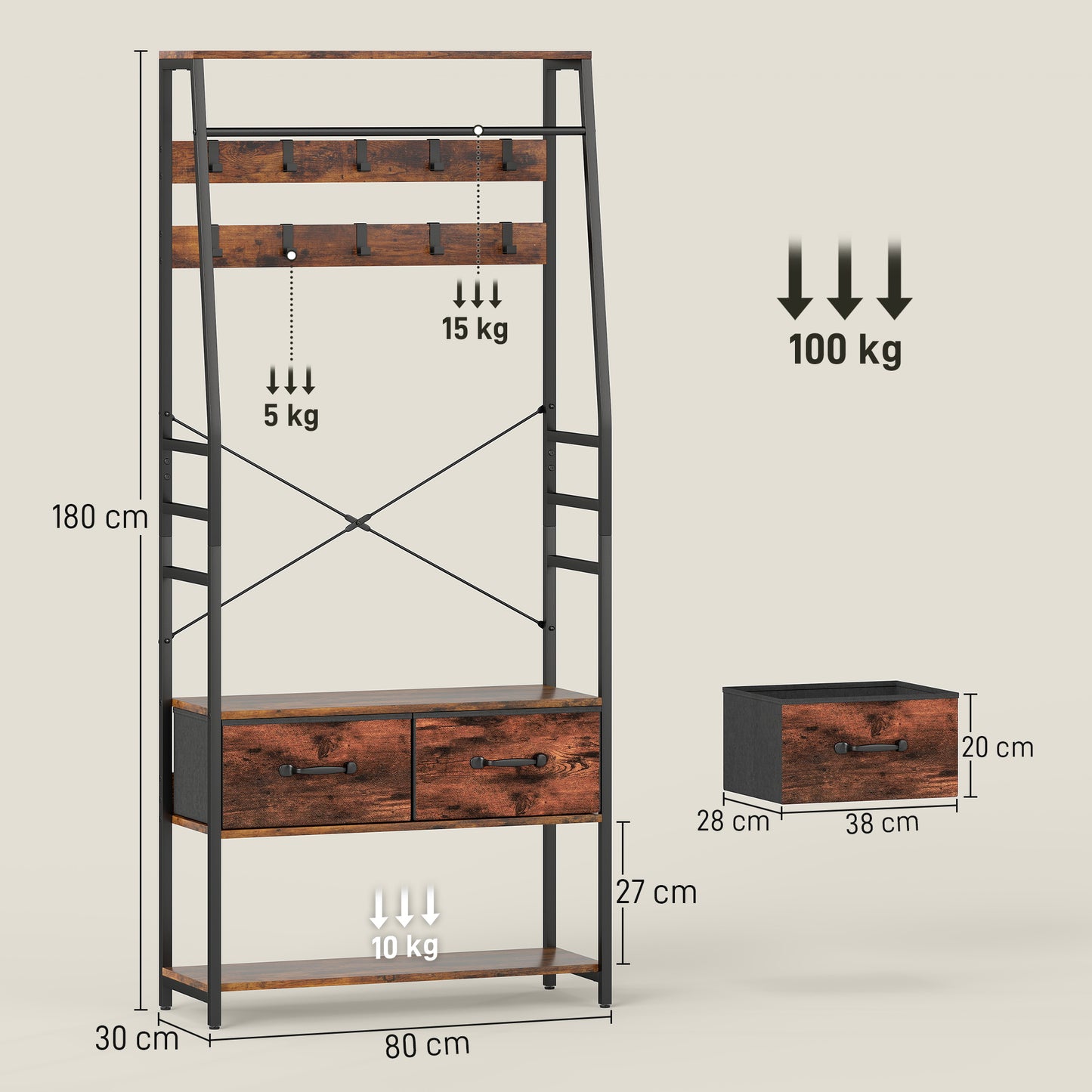 HOMCOM Garderobe mit Schuhregal, Mantelständer mit Sitzbank, 10 Haken, 2 Stoffschubladen, Kleiderstange, Spanplatte, Metall, Braun