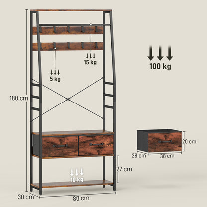 HOMCOM Garderobe mit Schuhregal, Mantelständer mit Sitzbank, 10 Haken, 2 Stoffschubladen, Kleiderstange, Spanplatte, Metall, Braun