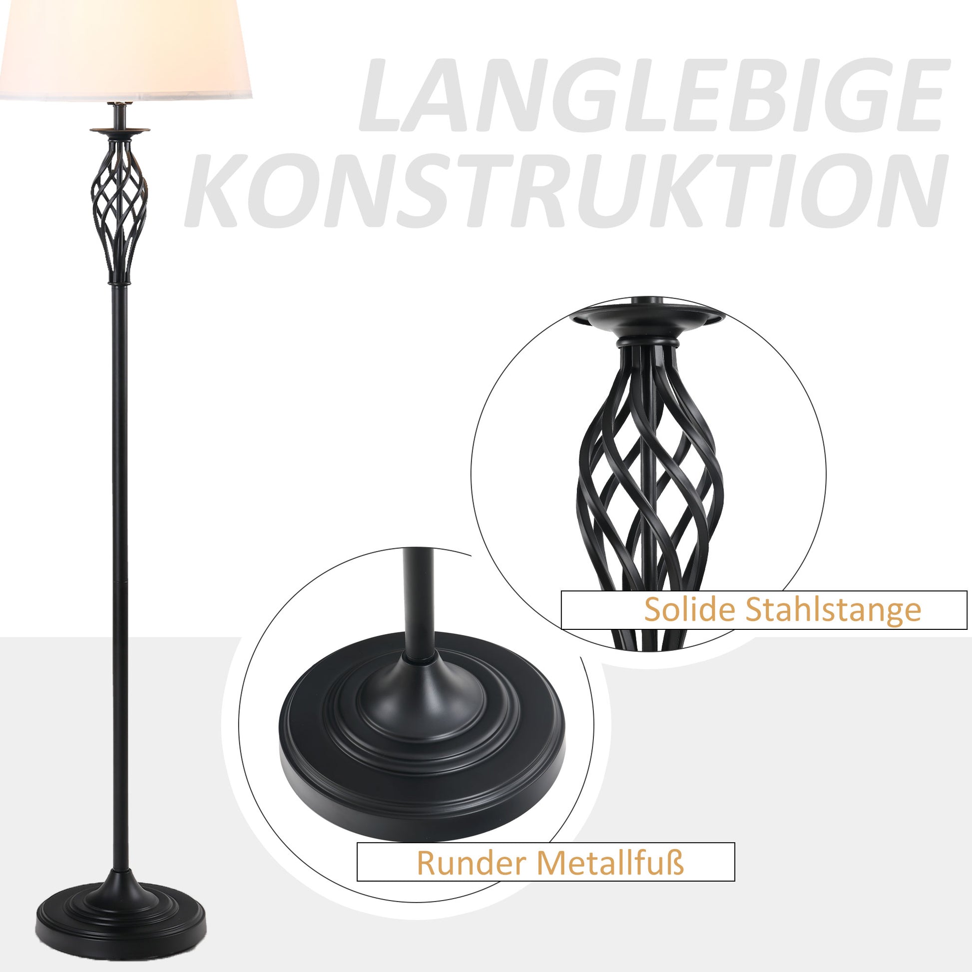 HOMCOM 3er-Lampenset 2 Tischlampe(ø38 x 158H cm) + 1 Stehlampe(ø30 x 62H cm) Vintage Standlampe mit Fußschalter Leselampe für Wohnzimmer, Schlafzimmer Metall, Schwarz+Weiß