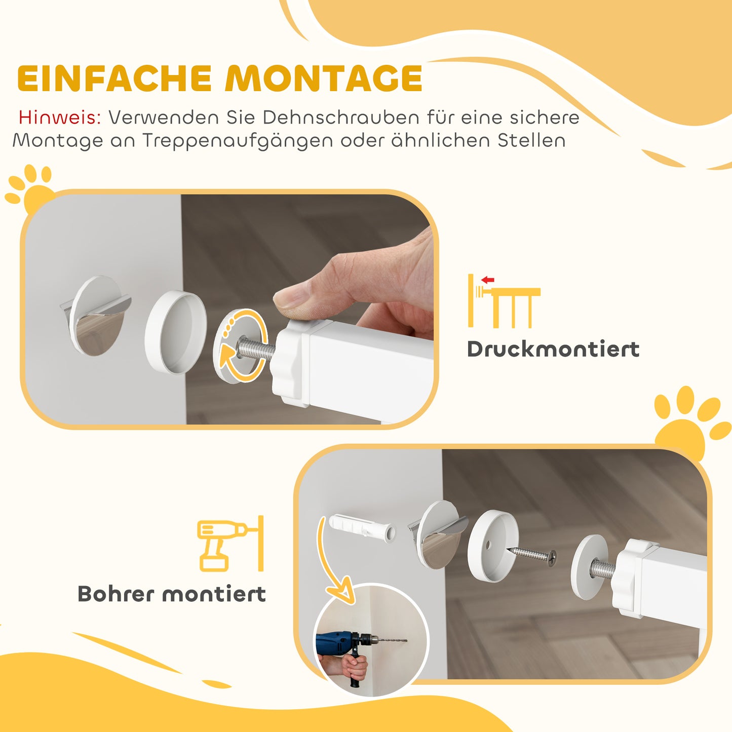 PawHut Haustiertor, 77 cm Treppengatter, verstellbare Breite 76-104 cm, mit Katzentür, für Treppen und Türöffnungen, Weiß