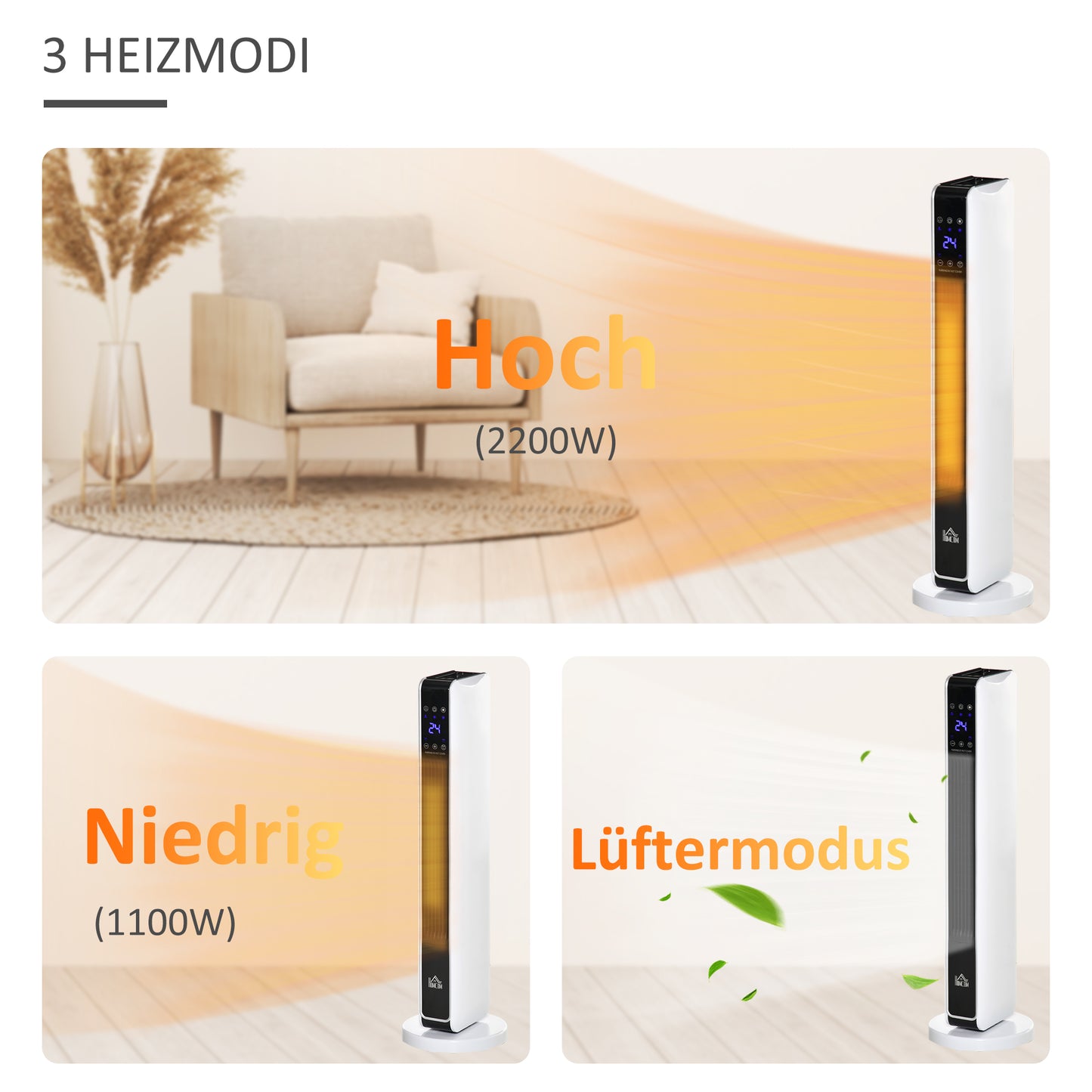 HOMCOM Heizgerät Heizlüfter 2200W Elektroheizer Keramik Heizturm mit Fernbedienung 8-Stunden-Timer Oszillation Heizer Heizung ABS PA Weiß+Schwarz 21 x 21 x 73 cm