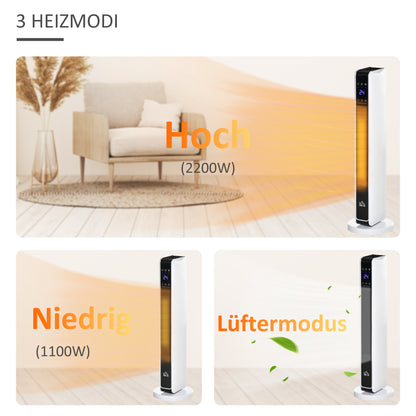 HOMCOM Heizgerät Heizlüfter 2200W Elektroheizer Keramik Heizturm mit Fernbedienung 8-Stunden-Timer Oszillation Heizer Heizung ABS PA Weiß+Schwarz 21 x 21 x 73 cm