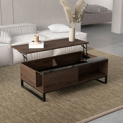 HOMCOM Beistelltisch mit Hebefunktion, verstecktes Staufach, Walsnussholzoptik, Stahlrahmen, 102 x 58 x 35,5 cm