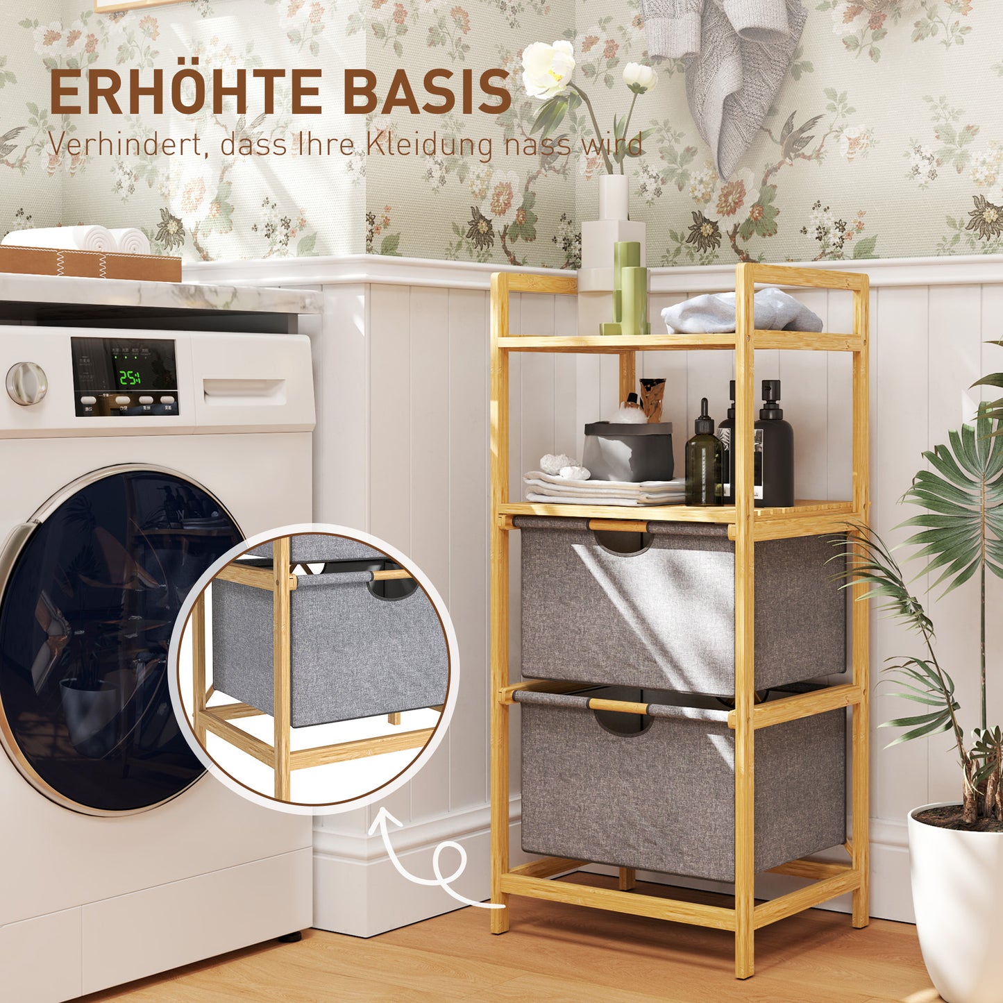 HOMCOM Bambus-Wäscheregal, mit 2 Wäschekörben aus Stoff, offene Ablagen, platzsparend, Naturholz