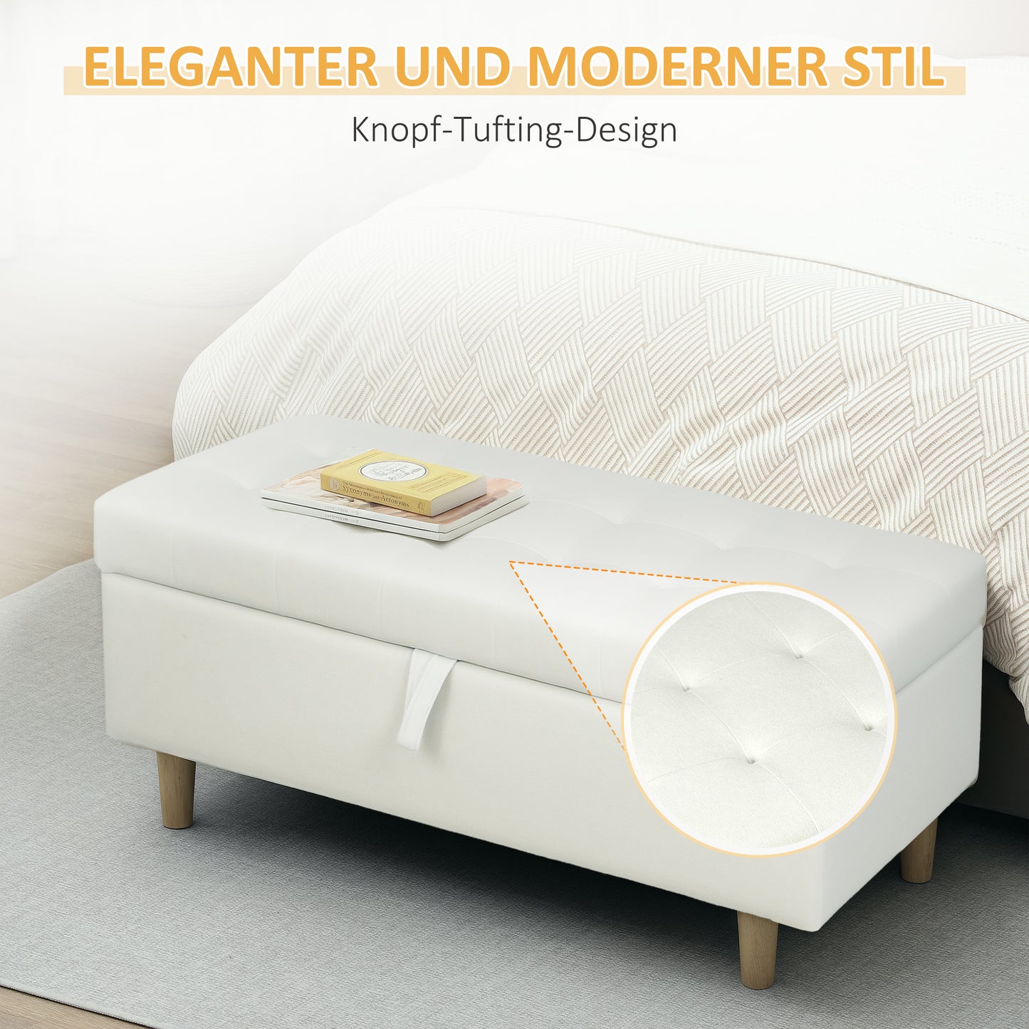 HOMCOM Polsterhocker mit Stauraum, Holzbeine, weicher Stoffbezug, Cremeweiß