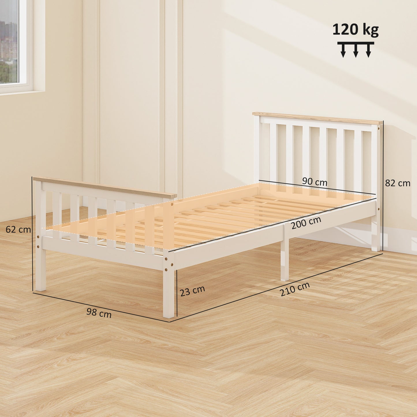 HOMCOM Einzelbettrahmen, Bettrahmen aus Holz, unterer Stauraum, Naturholz, Weiß
