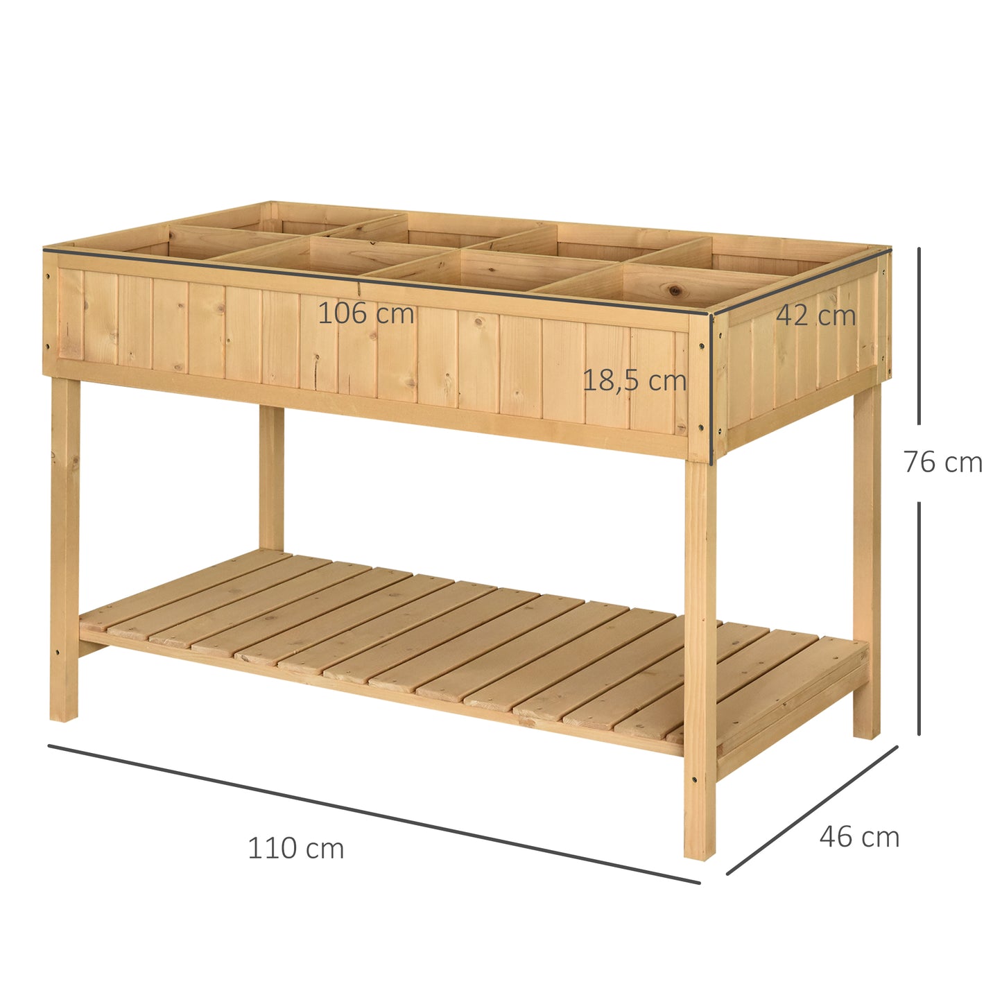 Outsunny Hochbeet 8 Fächer Pflanztisch Blumenkasten Tannenholz 1 Ablage + Abfluss