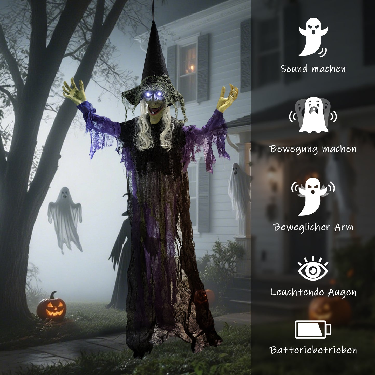 Outsunny 183cm Halloween Dekoration Hängende Halloween Hexe mit LED-Lichter, Soundfunktion verstellbare Arme, Mund