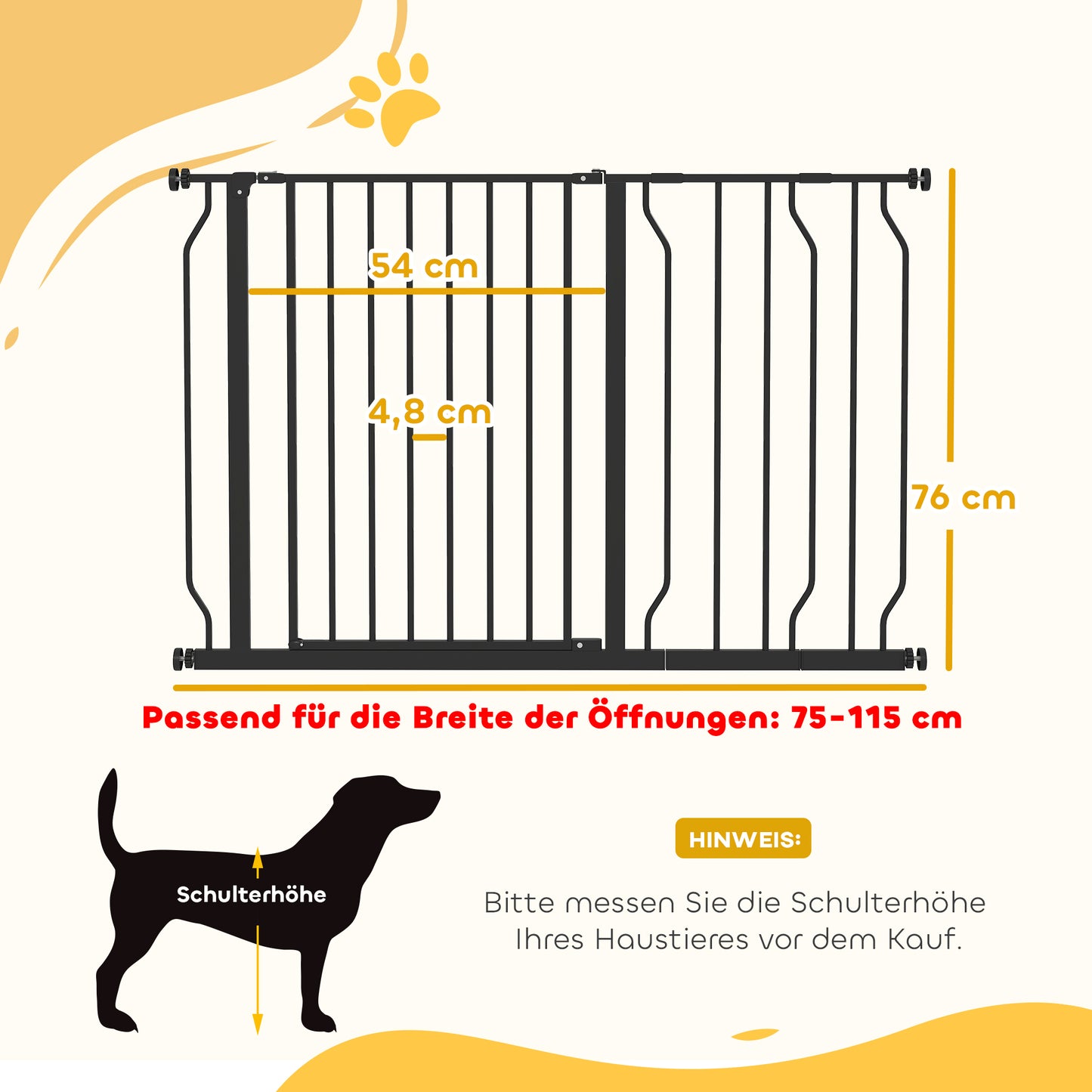 PawHut Hunde-Absperrgitter, Klemmmontage, verstellbare Länge, Stahl/ABS, 75-115 x 76cm, Schwarz