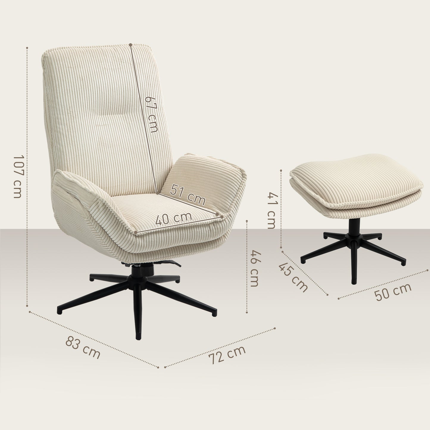 HOMCOM Drehbarer Polstersessel mit Fußhocker, Moderner Recliner-Sessel für Wohnzimmer, Schlafzimmer, Homeoffice, Beige