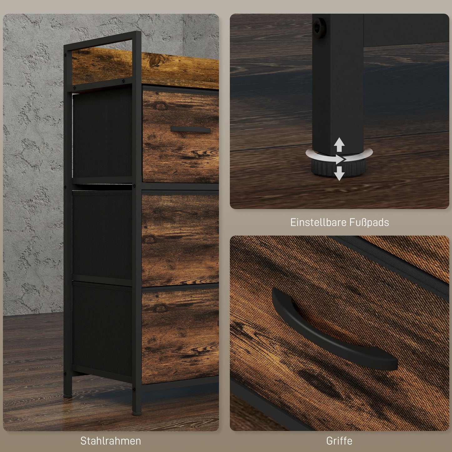 HOMCOM Kommode، خزانة جانبية، 4 Stoffschubladen، تصميم صناعي، 60x29x85 سم، Braun/Schwarz