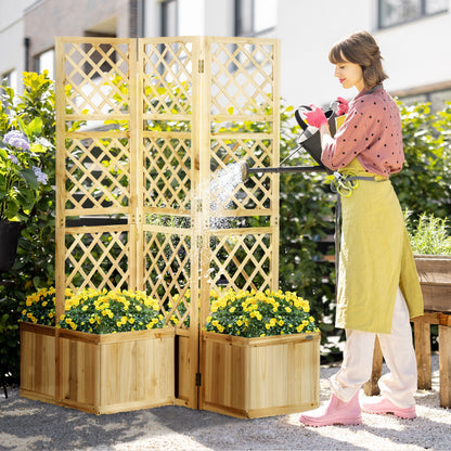 Outsunny Paravent, Sichtschutz für Garten, dreifach klappbar, 4 Blumenkästen, Massivholz, Naturfarbe, 133 x 62 x 165 cm