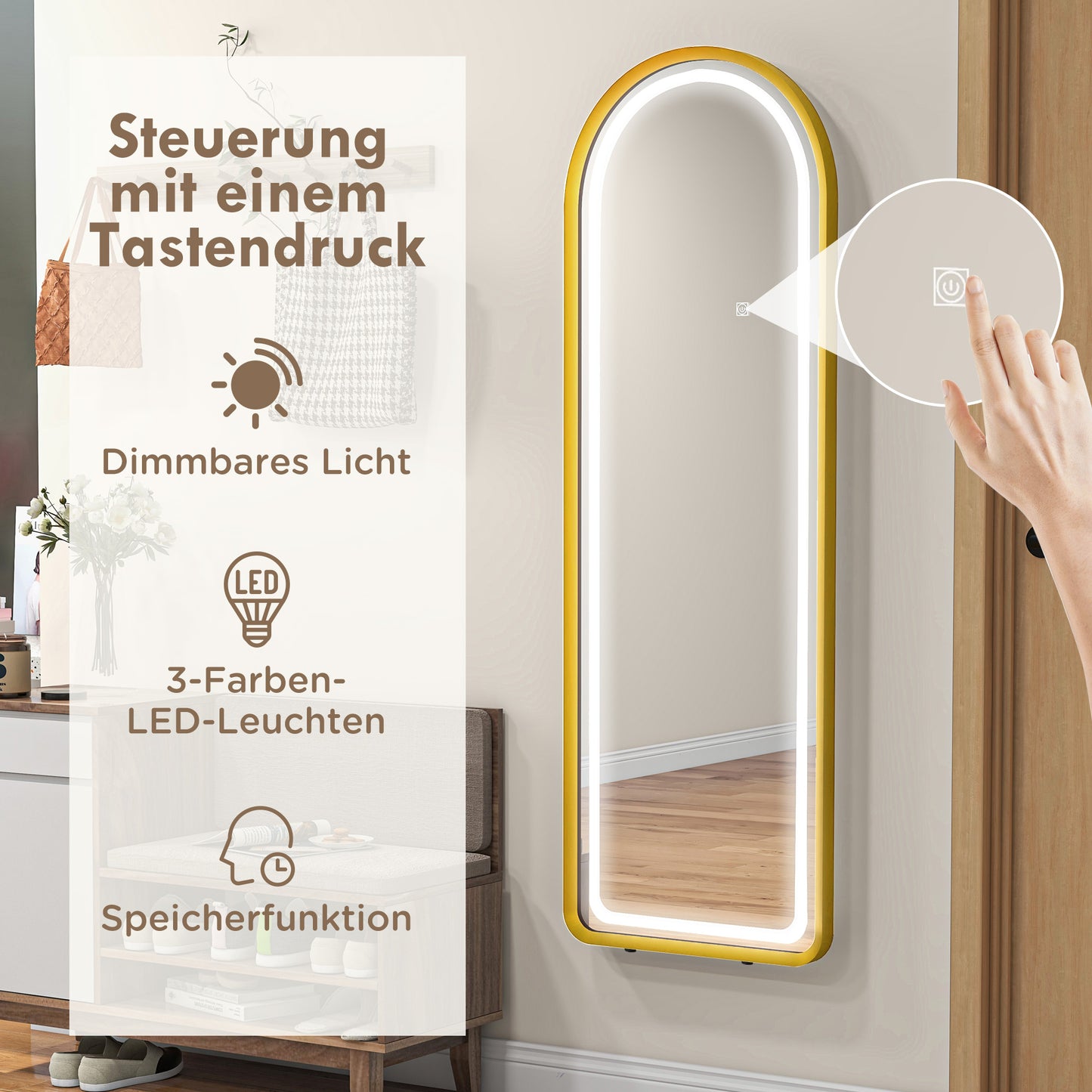 HOMCOM Standspiegel Wandspiegel Ganzkörperspiegel inklusive Wandbefestifung, 151,5 x 50 x 4 cm, Gold