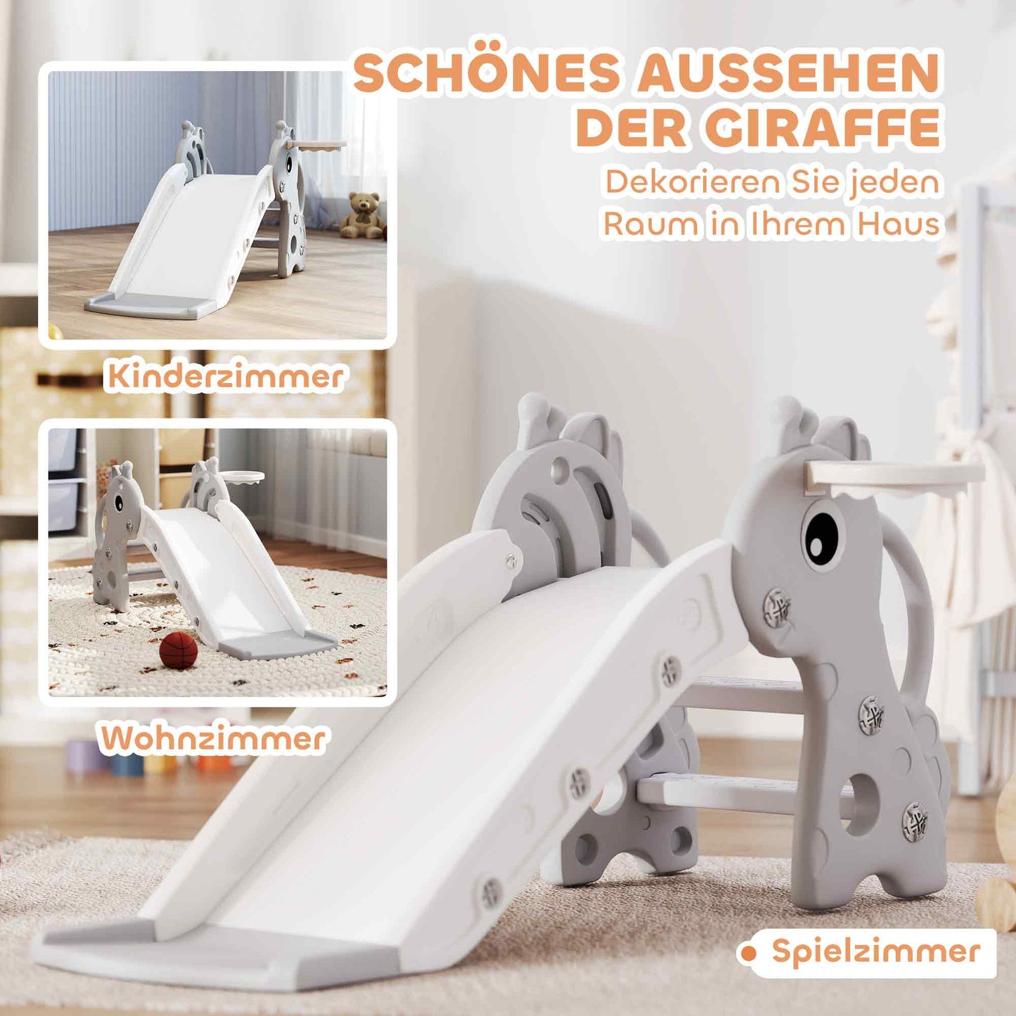 AIYAPLAY 3-in-1 Rutsche für Kinder, Giraffenform, Basketballkorb, Ball, Grau