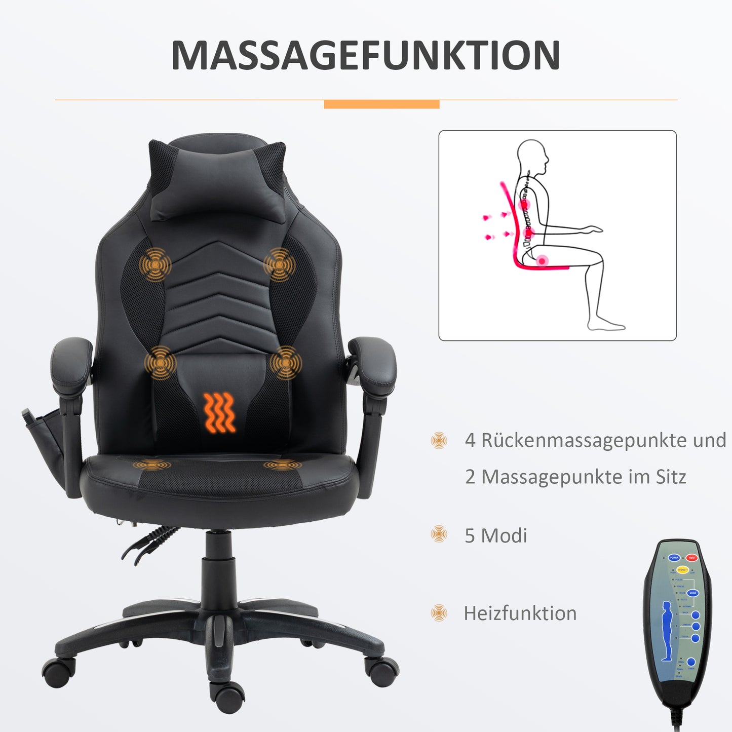 HOMCOM Bürostuhl Massagesessel Massagefunktion mit 6 Vibrationspunkte Ergonomischer Gaming Stuhl mit Wärmefunktion Kunstleder Schwarz 68 x 69 x 108-117cm