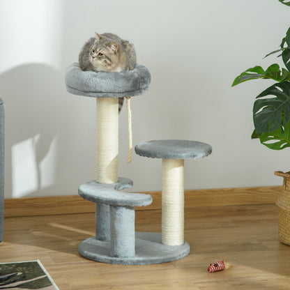 PawHut Katzenbaum Kletterbaum mit Hängematte, 3-Stufiger Spielbaum mit Katzenbett Katzenkratzbaum mit Sitzplattform, Sisalsäulen, Grau Ø40 x H65 cm