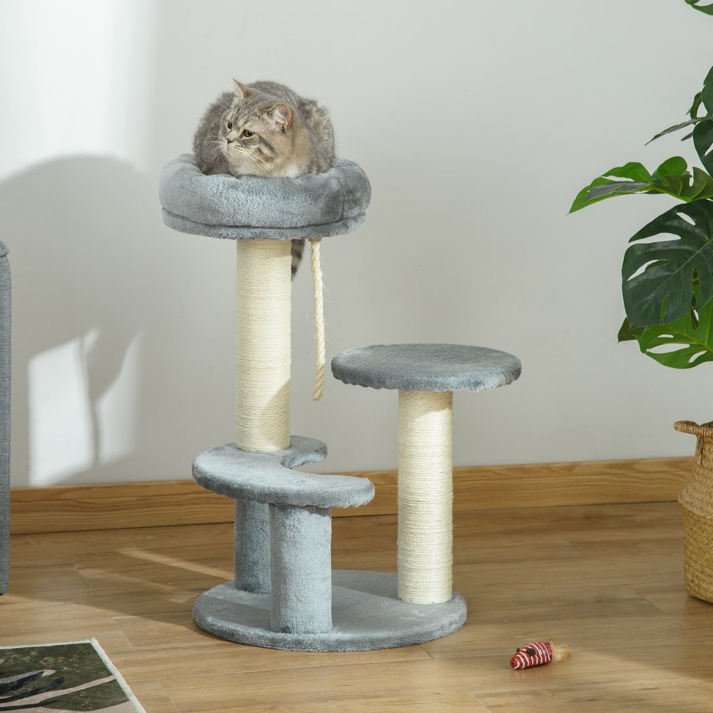 PawHut Katzenbaum Kletterbaum mit Hängematte, 3-Stufiger Spielbaum mit Katzenbett Katzenkratzbaum mit Sitzplattform, Sisalsäulen, Grau Ø40 x H65 cm