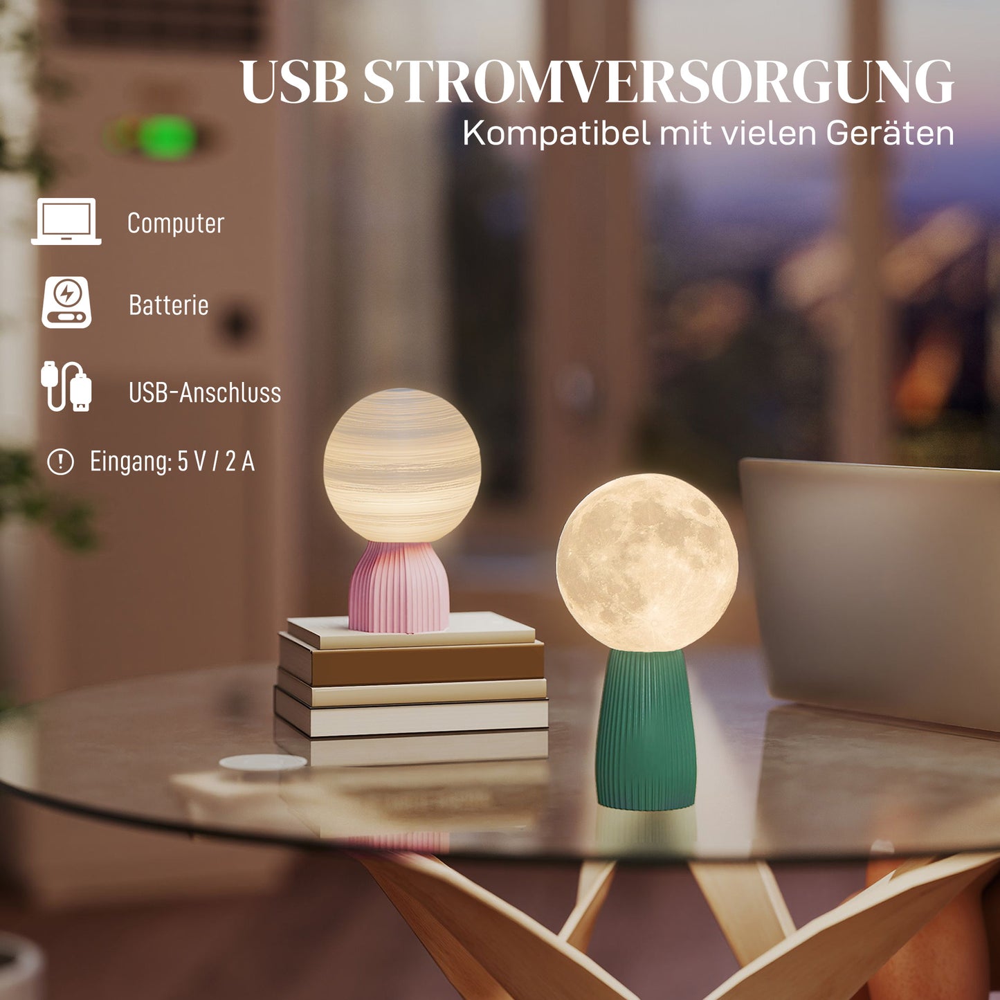 HOMCOM Tischlampen-Set in Planeten-Optik, 3-farbig, USB, Kunststoff, Weiß