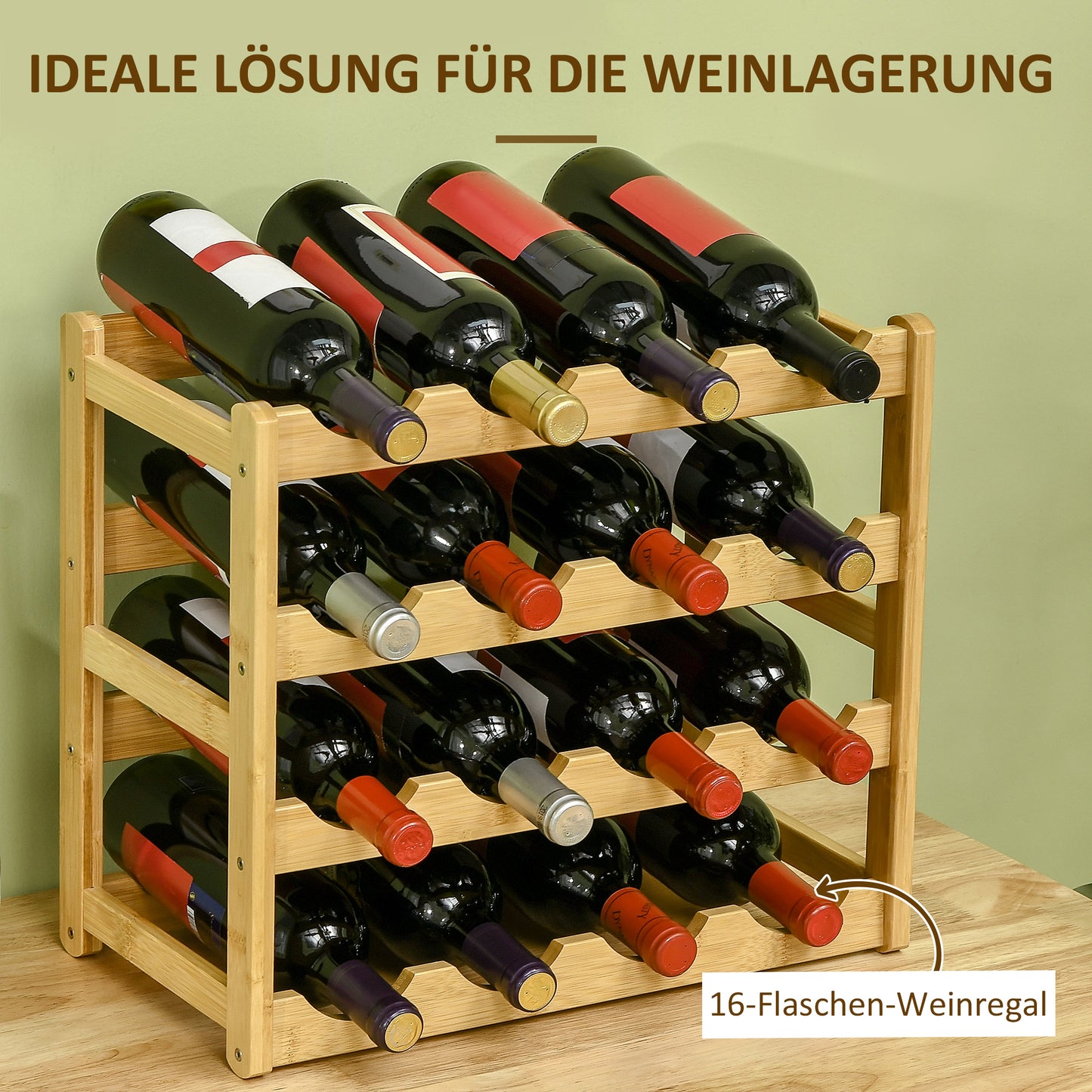HOMCOM Weinregal aus Bambus für 16 Weinflaschen, 4 Regale, 43 cm x 23,5 cm x 38 cm Natur