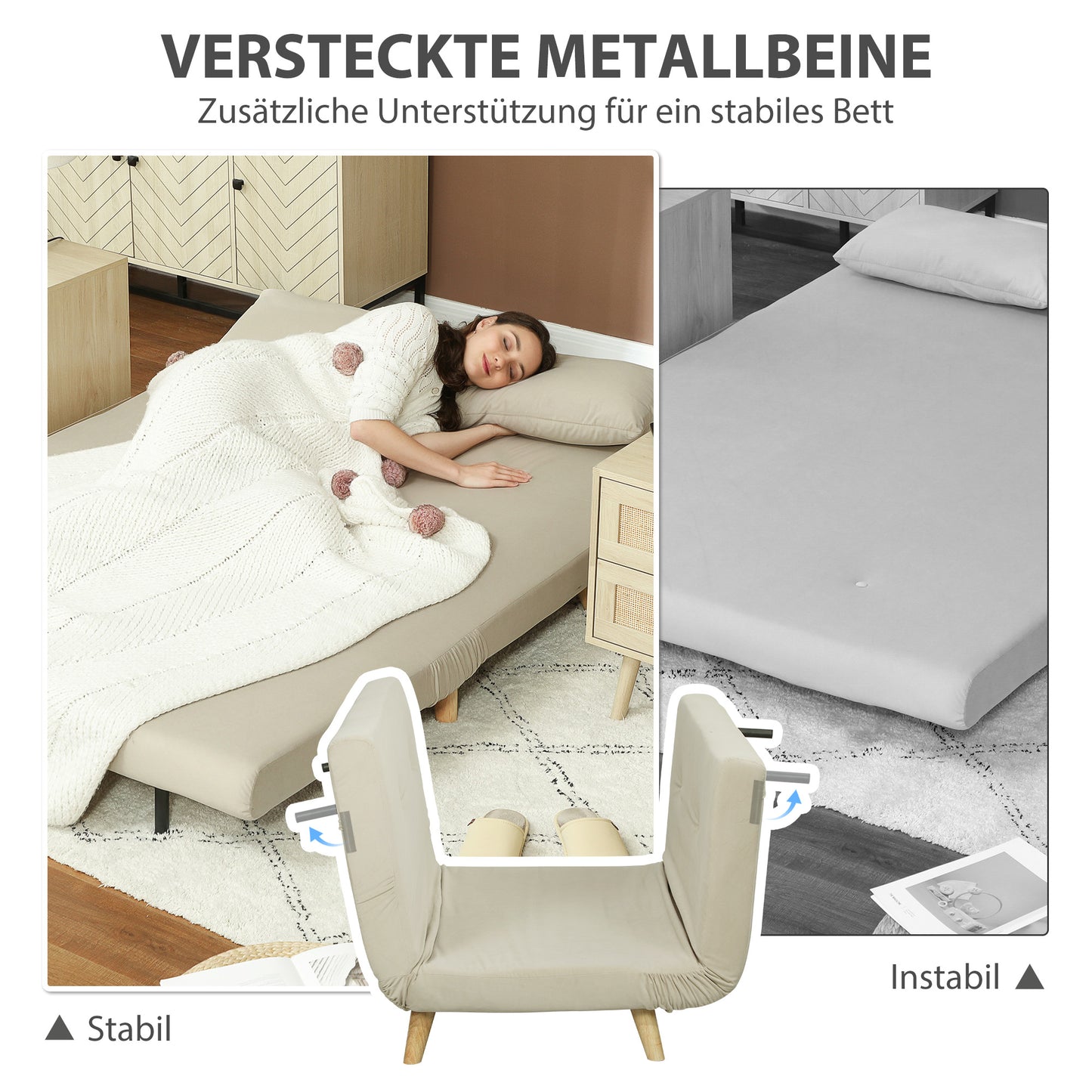 HOMCOM Schlafsofa Relaxsofa Sofa Couch, inkl. 2 Kissen, Samtoptik, 130 x 78 x 79 cm, Beige