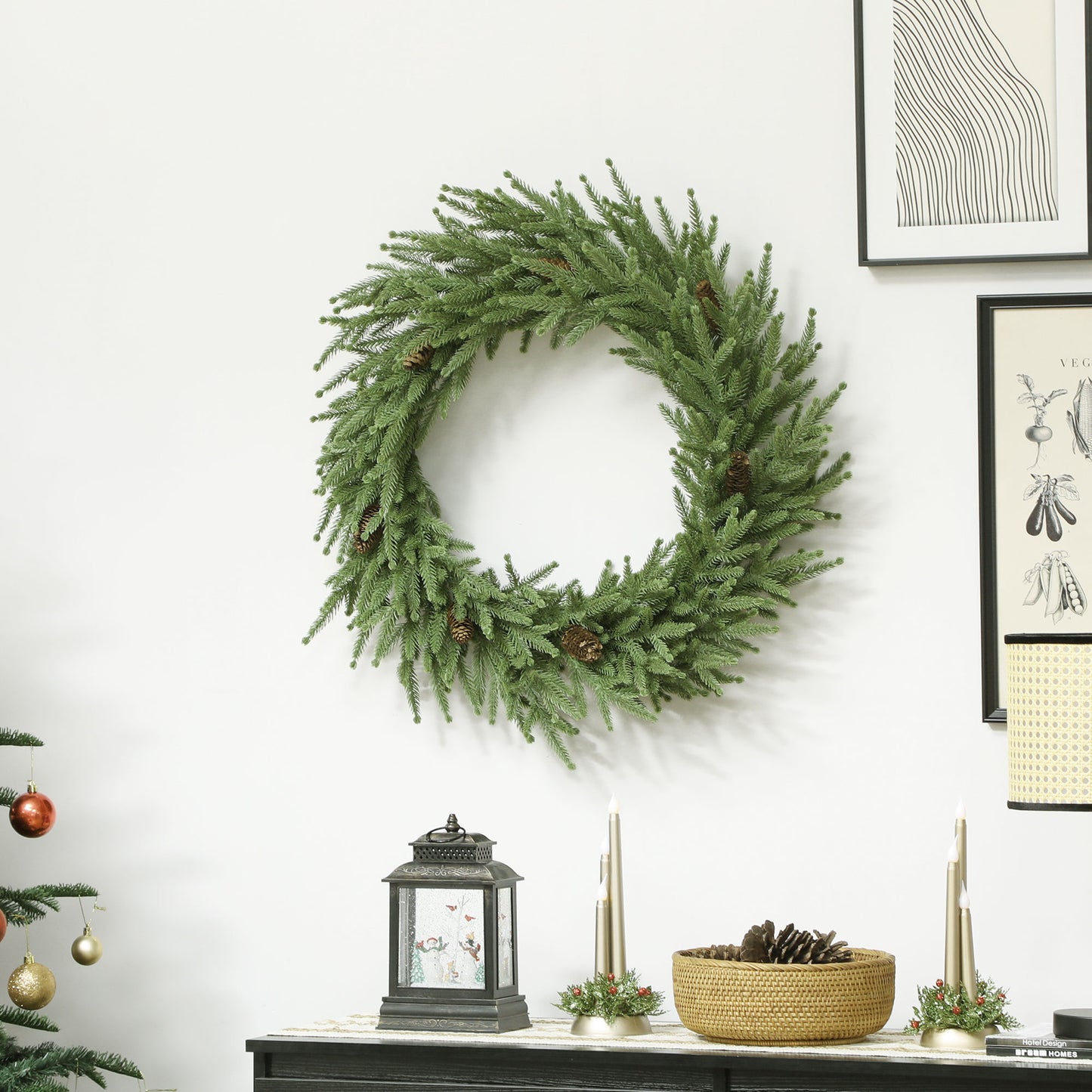 HOMCOM Weihnachtskranz mit Zapfen, Türkranz Künstlicher Weihnachtskranz für Tür Grün, Ø60 x 15 cm