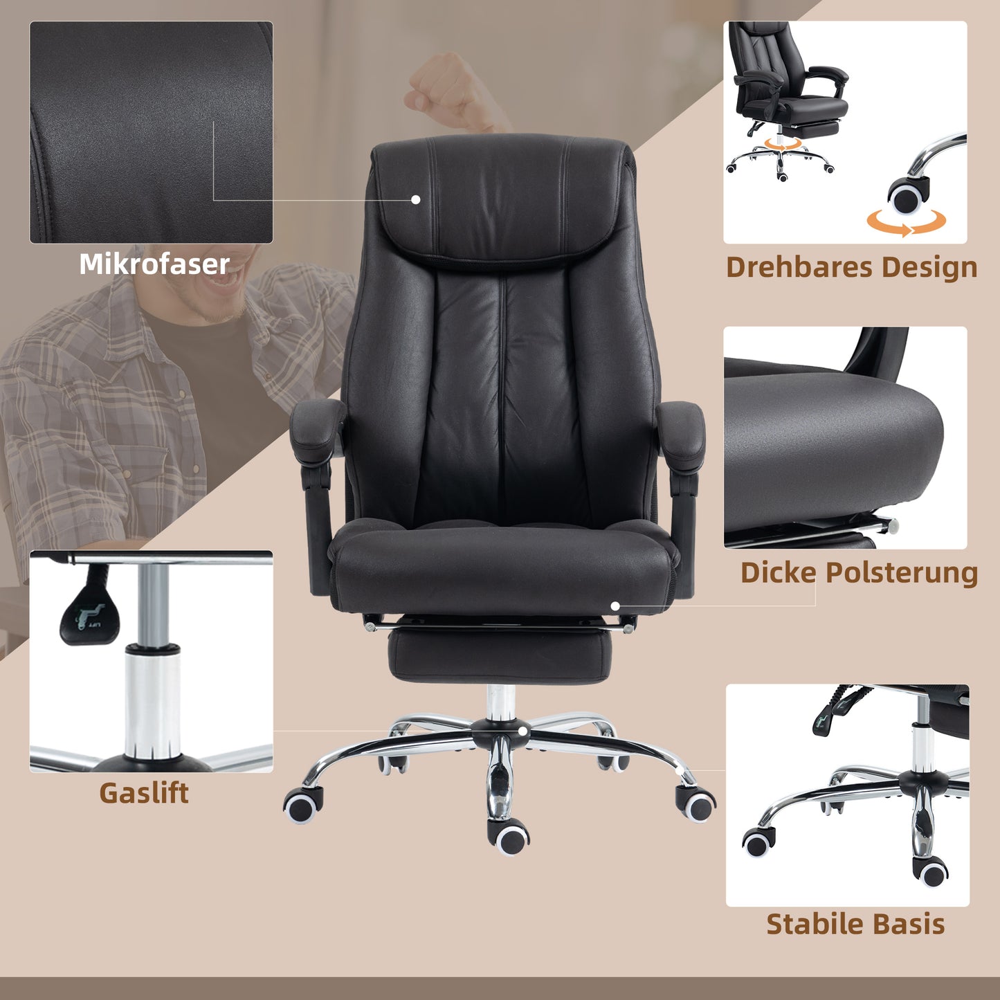 HOMCOM Bürostuhl Schreibtischstuhl Chefsessel, mit Fußstütze, höhenverstellbar, 145° Neigungswinkel, 66 x 70 x 119 cm, Schwarz