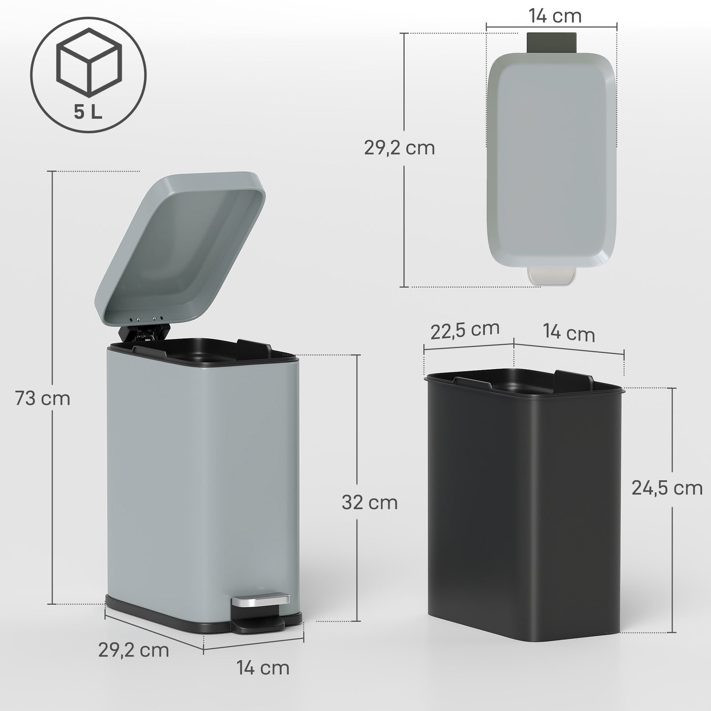 HOMCOM Mülleimer aus Metall, Abfalleimer, 5 L Fassungsvermögen, mit Fußpedal, mit Inneneimer, Grau