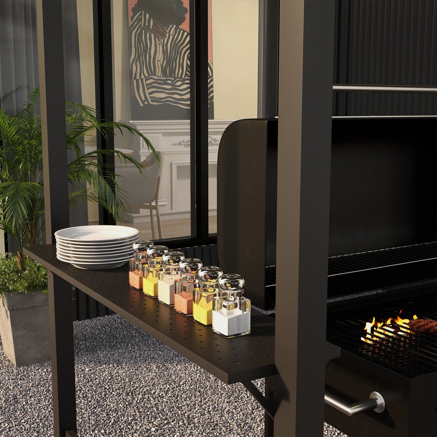 Outsunny Grillpavillon, 2 Seitenablagen, Haken, Stahlrahmen, 1,1 x 2,3m, Dunkelgrau