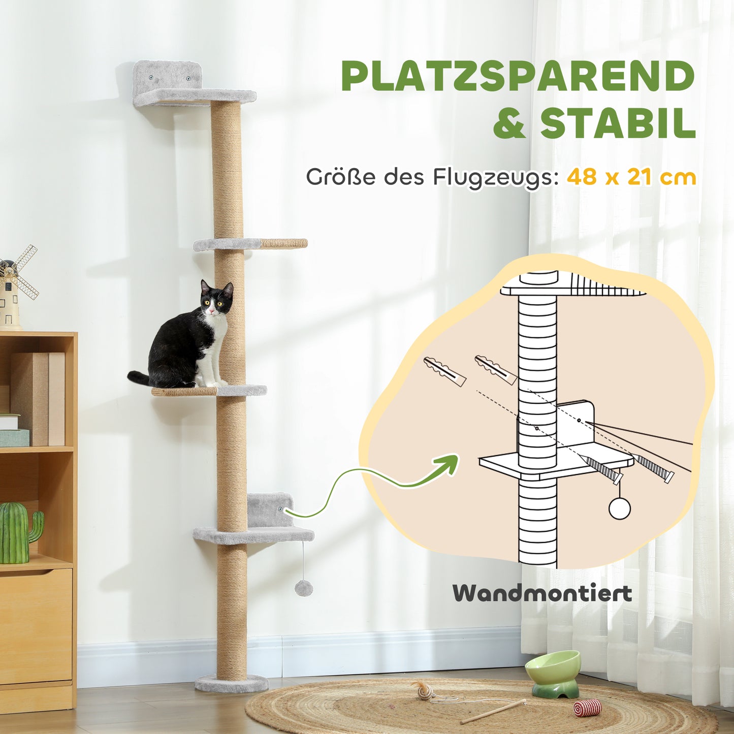 PawHut Katzenkratzbaum, 5-stufiges Design, Spielzeug, Sisalpfosten, Plüschstoff, Hellgrau