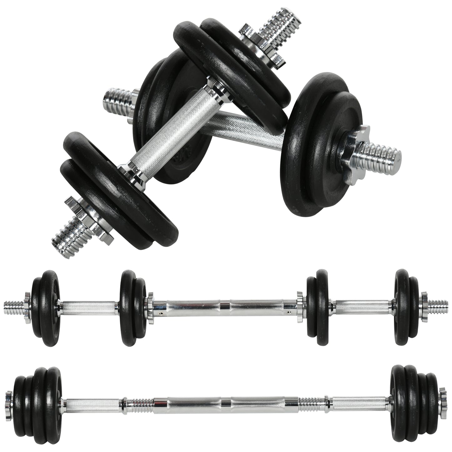 HOMCOM Kurzhantel, Langhantel, 2-in-1, 20 kg, 8 Hantelscheiben, rostfrei, Eisen, schwarz, 95 x 16 x 16Hcm