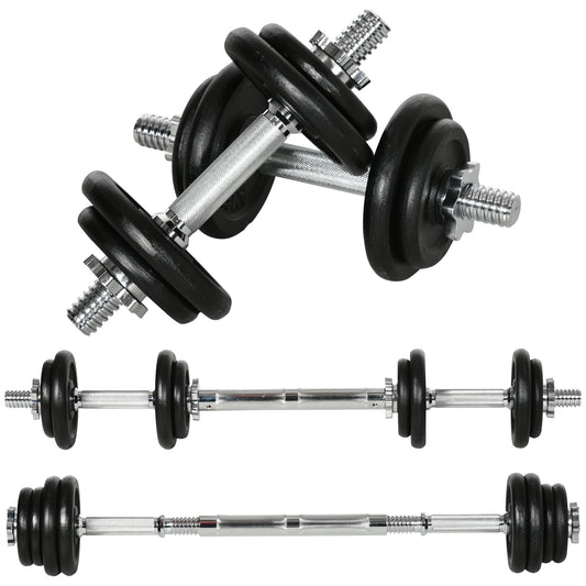 HOMCOM Kurzhantel, Langhantel, 2-in-1, 20 kg, 8 Hantelscheiben, rostfrei, Eisen, schwarz, 95 x 16 x 16Hcm