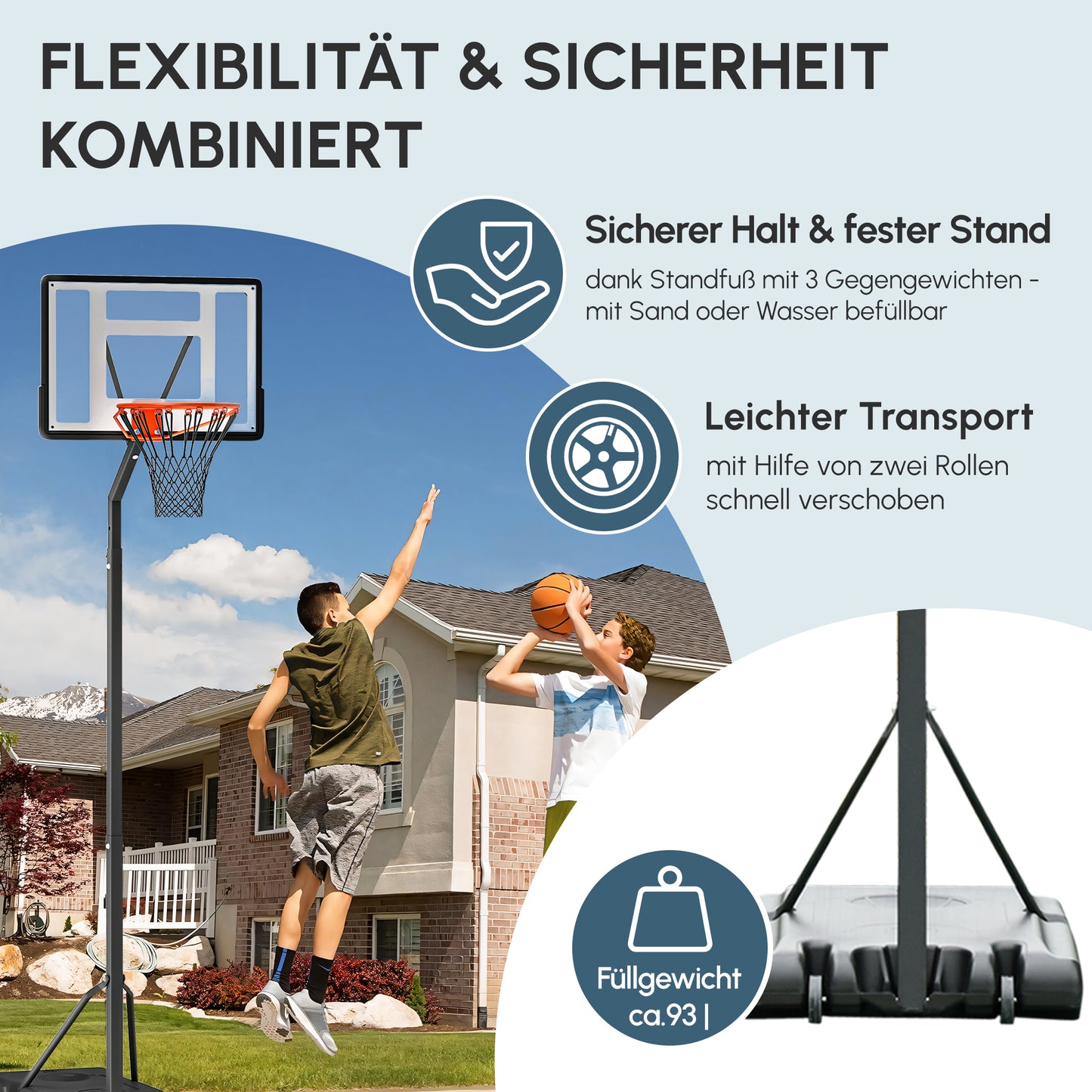 HOMCOM Basketballkorb Outdoor mit Ständer, 255–305cm Höhenverstellbar Basketballständer mit Rollen, Basketball-Backboard Ständer, Basketballanlage, Stahl